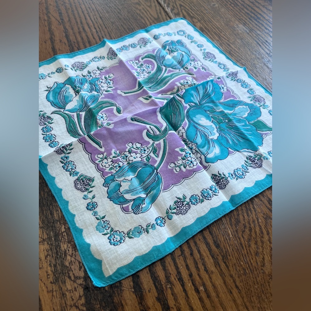 Vintage Floral Handkerchief with Blue and Purple Accents